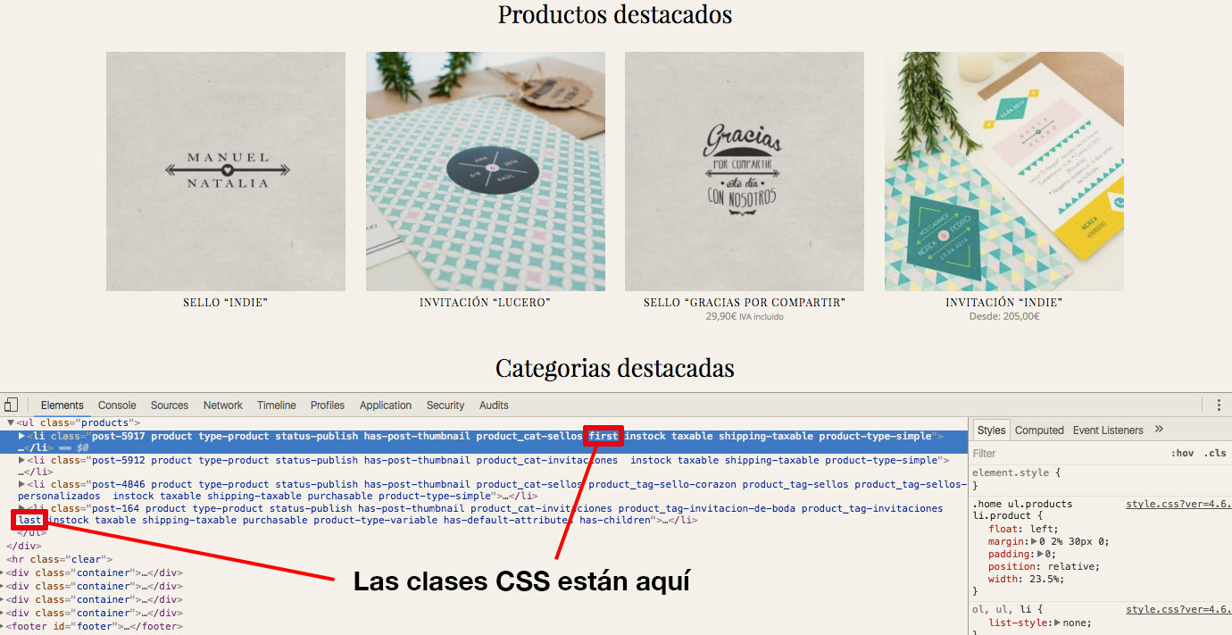 Productos WooCommerce con etiquetas CSS correctamente puestas